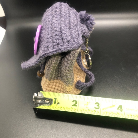 Whimsical Crochet Backpack Keychain – Grape Tan Colorblock, Pom Poms, & Beads - Picture 10 of 12